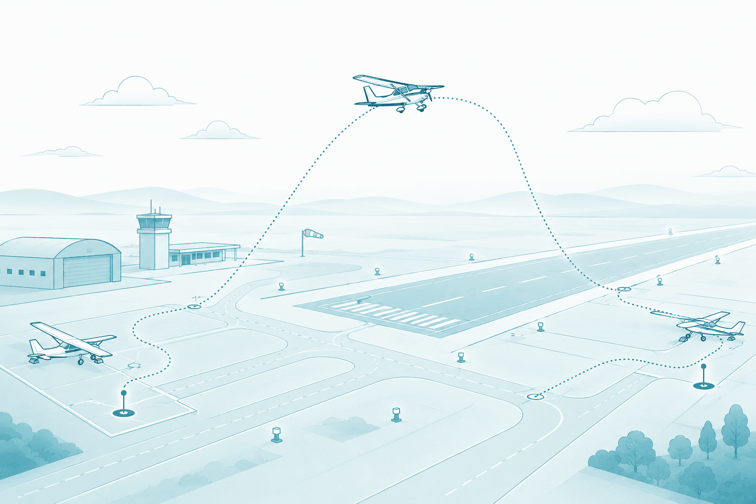 Un aéroport stylisé vu en légère plongée : la trajectoire en pointillés d'un avion depuis son poste de stationnement, roulage, décollage, atterrissage puis retour au parking, illustrant le temps de vol compté bloc à bloc.