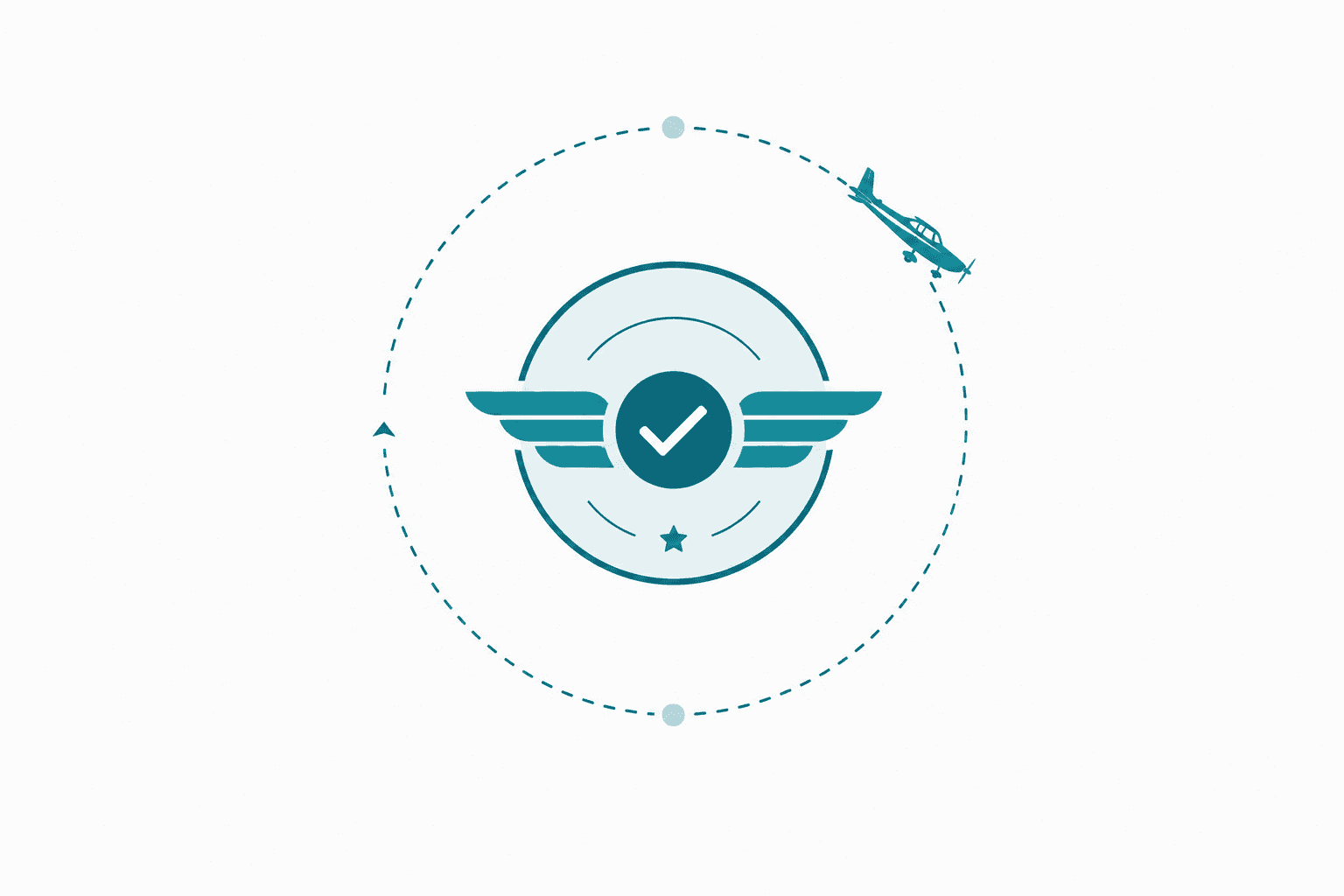 Un écusson de pilote à ailes marqué d'une coche de validation, entouré d'une orbite en pointillés que suit un petit avion : le cycle de renouvellement d'une qualification.